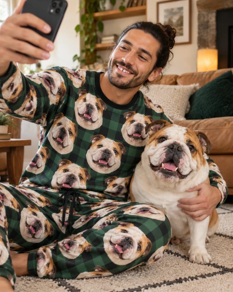 Man in an english bulldog pajama set with his Bulldog — MyDogPics