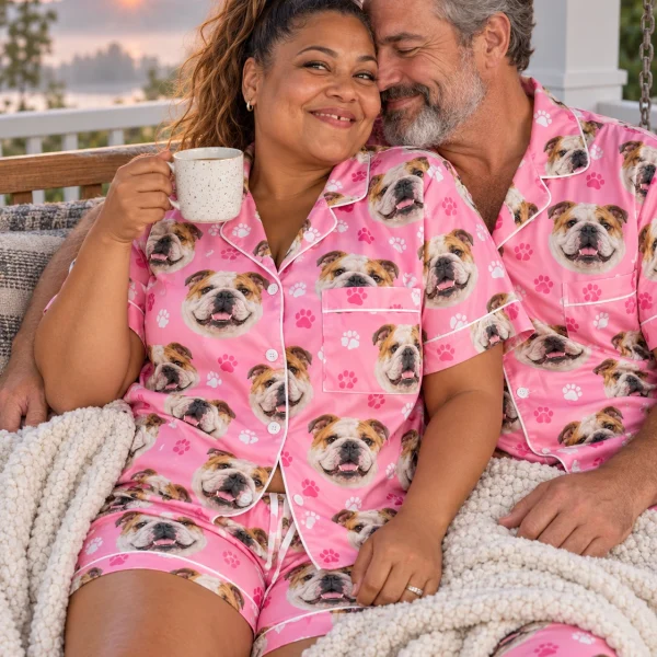 Woman and her partner in matching english bulldog pajama short set with white-and-fawn English Bulldog faces — MyDogPics