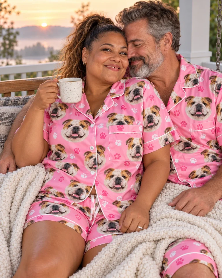 Woman and her partner in matching english bulldog pajama short set with white-and-fawn English Bulldog faces — MyDogPics
