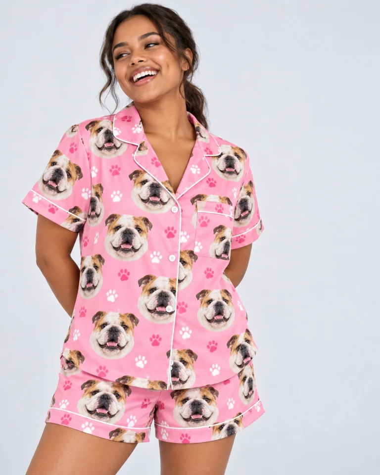 Woman wearing an english bulldog pajama short set covered in white-and-fawn English Bulldog faces — MyDogPics