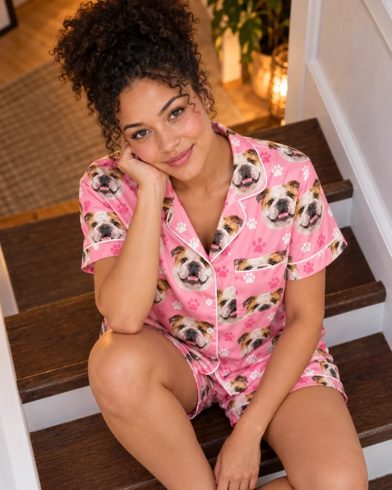Woman sitting in an english bulldog pajama short set covered in white-and-fawn English Bulldog faces — MyDogPics