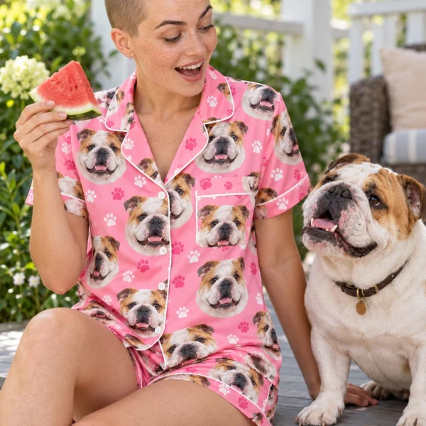 Woman in an english bulldog pajama short set with her Bulldog — MyDogPics