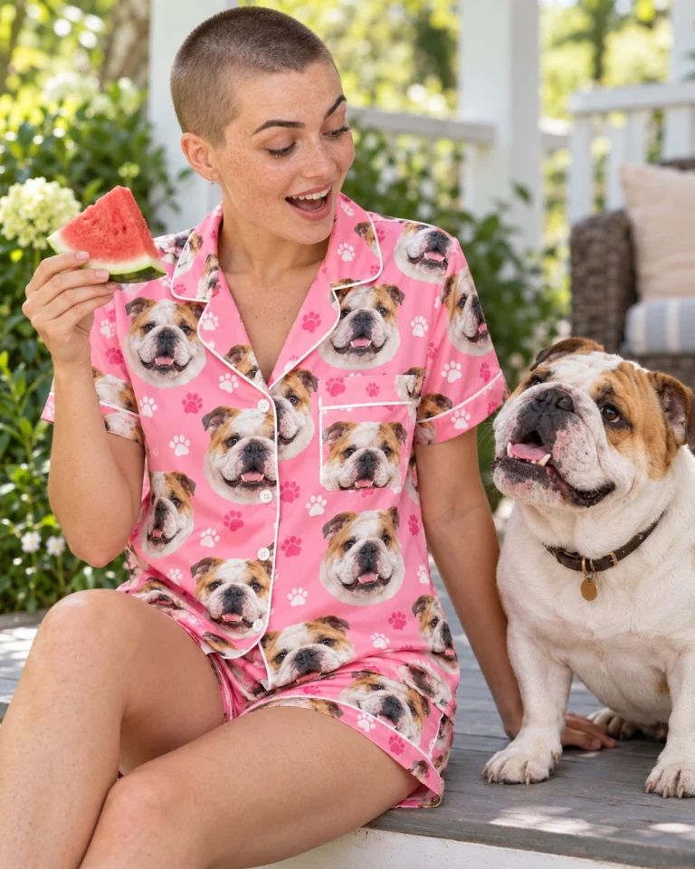 Woman in an english bulldog pajama short set with her Bulldog — MyDogPics