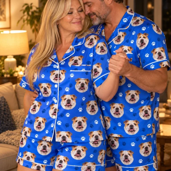 Woman and her partner in matching english bulldog pajama shorts with white-and-fawn English Bulldog faces — MyDogPics