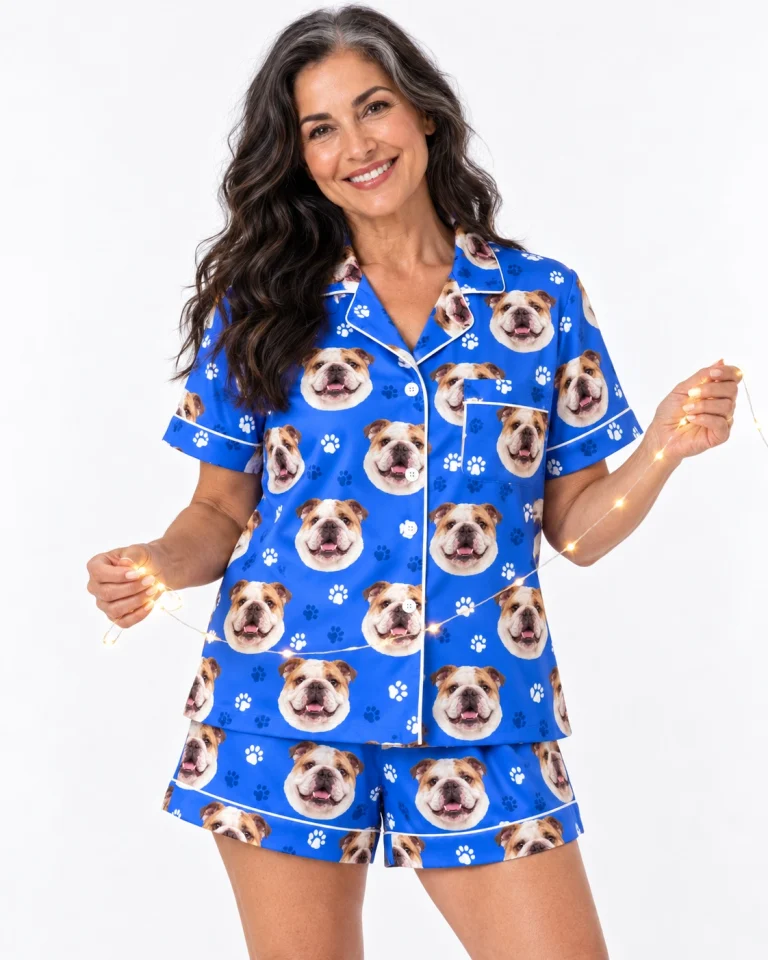 Woman wearing english bulldog pajama shorts covered in white-and-fawn English Bulldog faces — MyDogPics