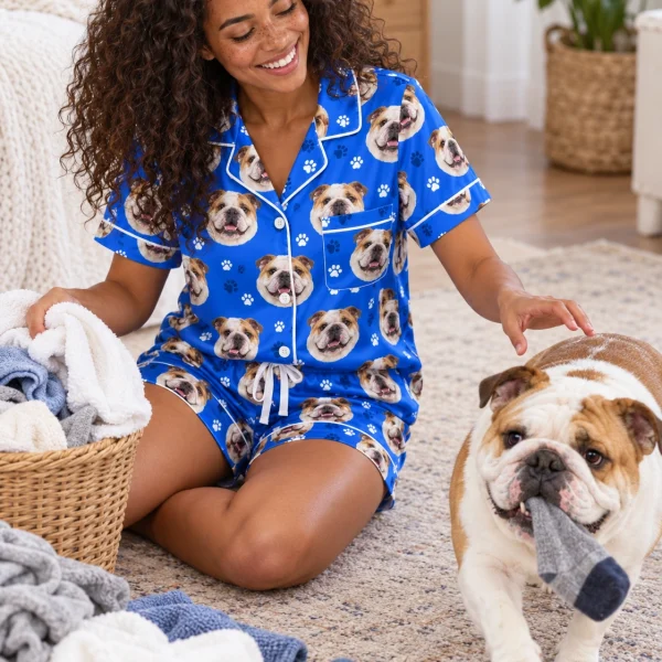 Woman in english bulldog pajama shorts with her Bulldog — MyDogPics