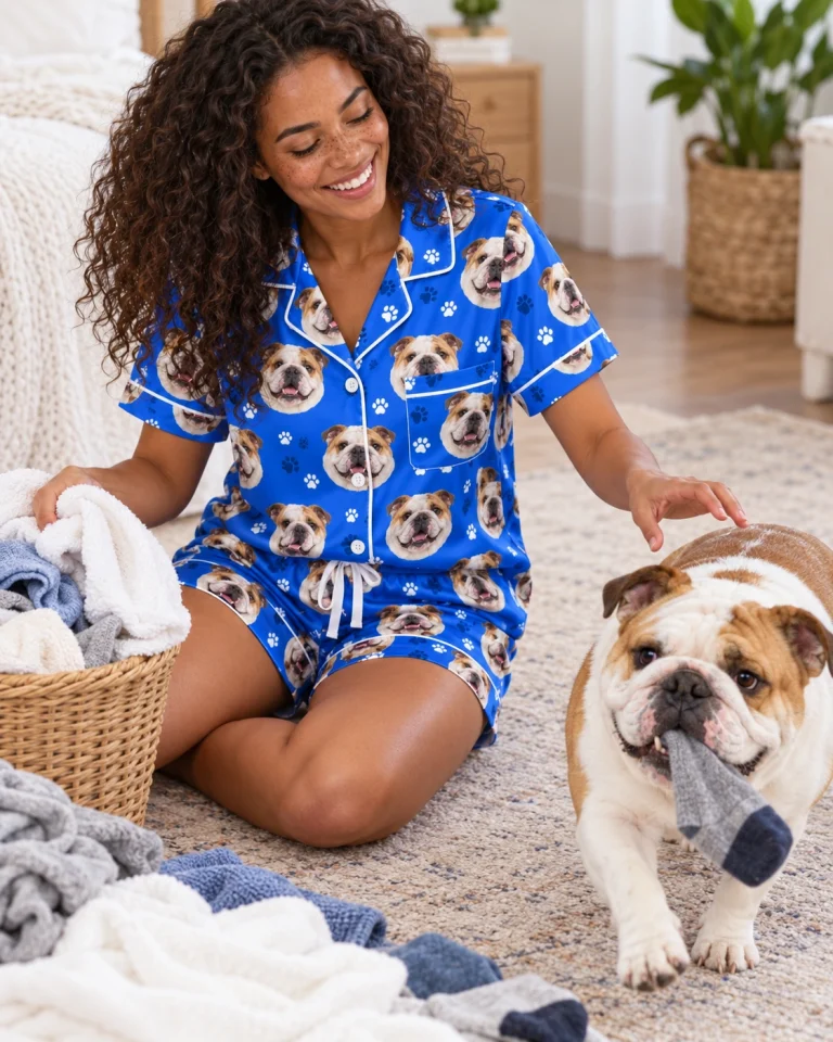 Woman in english bulldog pajama shorts with her Bulldog — MyDogPics