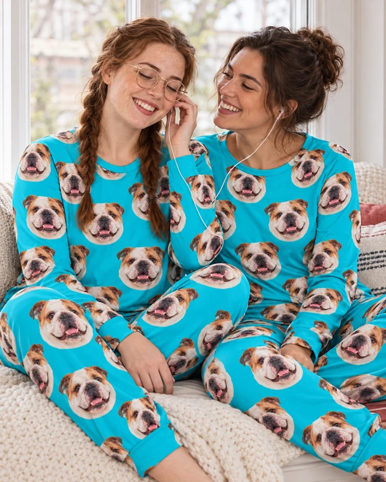 Woman and her friend in matching english bulldog pajamas for adults with white-and-fawn English Bulldog faces — MyDogPics
