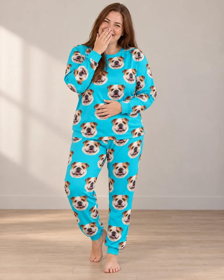 Woman wearing an english bulldog pajamas for adults covered in white-and-fawn English Bulldog faces — MyDogPics