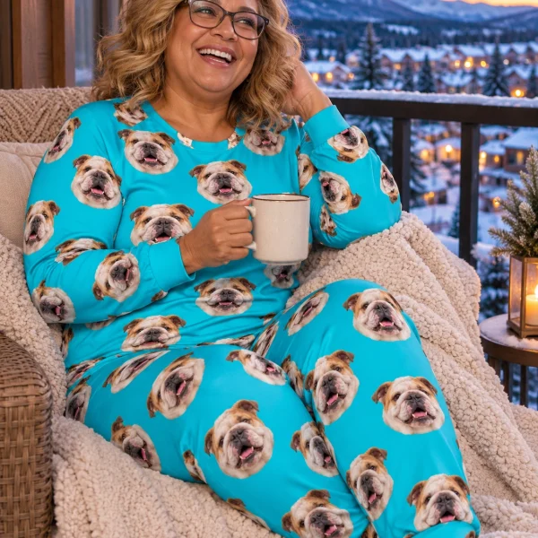 Woman sitting in an english bulldog pajamas for adults covered in white-and-fawn English Bulldog faces — MyDogPics
