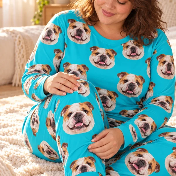 Woman sitting in an english bulldog pajamas for adults covered in white-and-fawn English Bulldog faces — MyDogPics