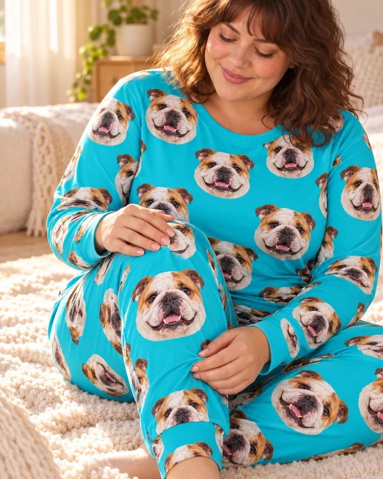 Woman sitting in an english bulldog pajamas for adults covered in white-and-fawn English Bulldog faces — MyDogPics