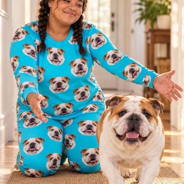 Woman in an english bulldog pajamas for adults with her Bulldog — MyDogPics