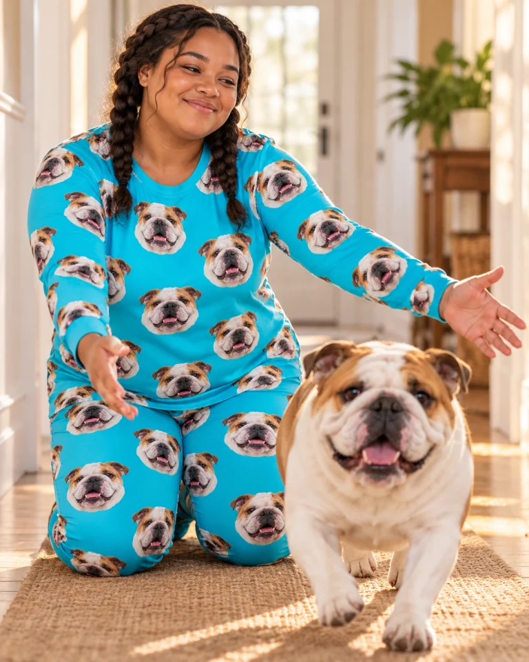 Woman in an english bulldog pajamas for adults with her Bulldog — MyDogPics