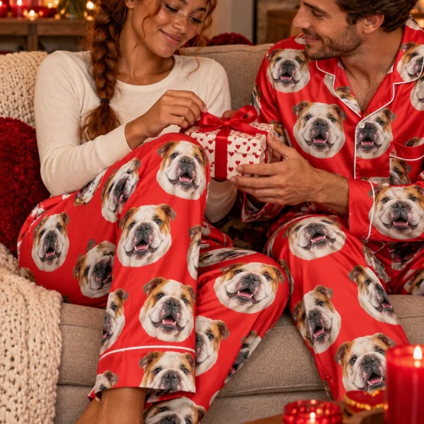 Woman and her partner in matching english bulldog Valentine pajamas with white-and-fawn English Bulldog faces — MyDogPics