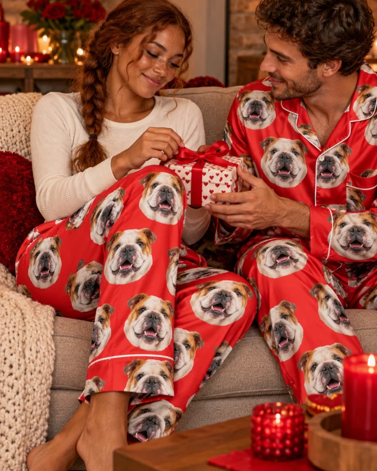 Woman and her partner in matching english bulldog Valentine pajamas with white-and-fawn English Bulldog faces — MyDogPics