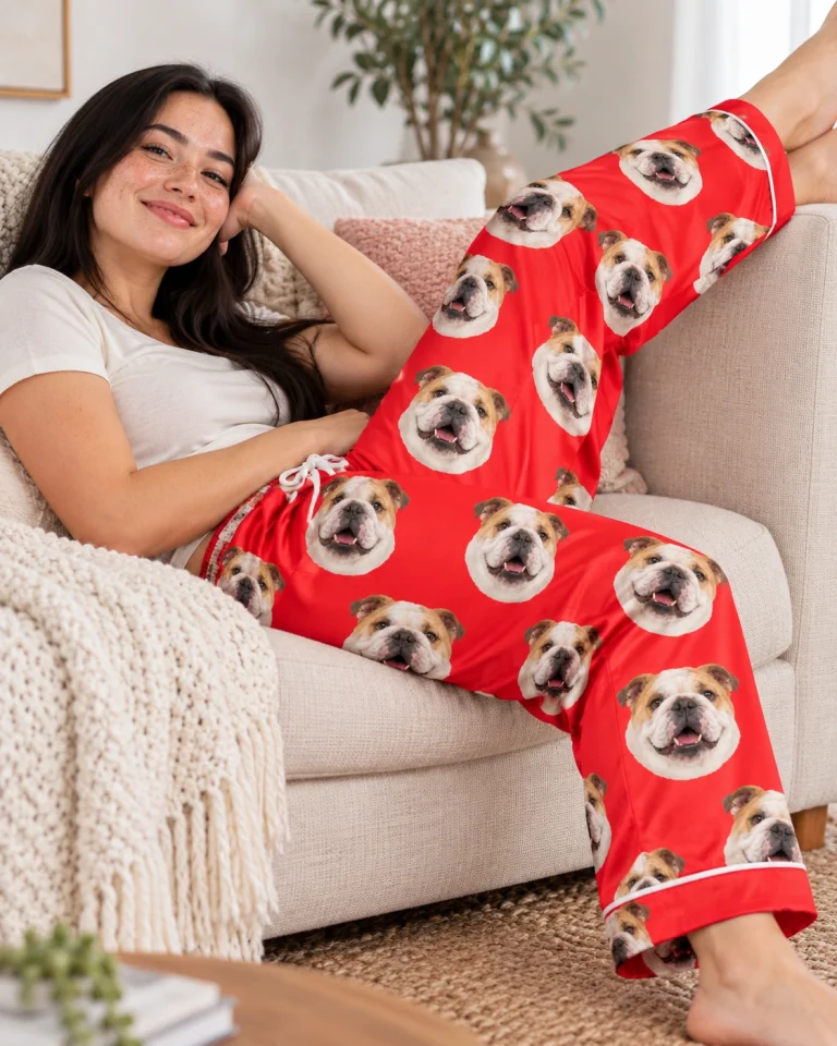 Woman posing in english bulldog Valentine pajamas, white-and-fawn English Bulldog faces on red satin — MyDogPics