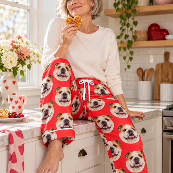 Woman sitting in english bulldog Valentine pajamas covered in white-and-fawn English Bulldog faces — MyDogPics
