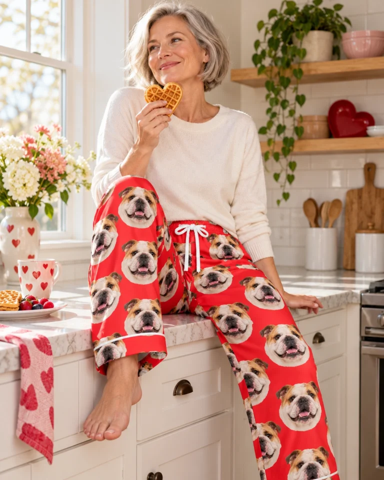Woman sitting in english bulldog Valentine pajamas covered in white-and-fawn English Bulldog faces — MyDogPics
