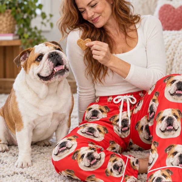 Woman in english bulldog Valentine pajamas with her Bulldog — MyDogPics