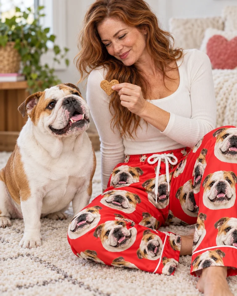 Woman in english bulldog Valentine pajamas with her Bulldog — MyDogPics