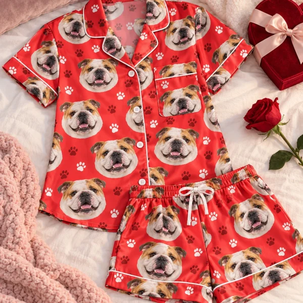 Flat lay of an english bulldog Valentines day pajama set — MyDogPics