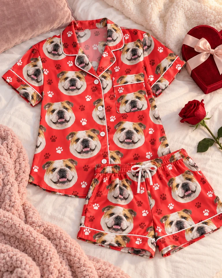 Flat lay of an english bulldog Valentines day pajama set — MyDogPics