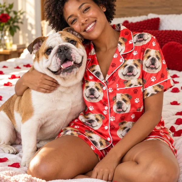 Woman in an english bulldog Valentines day pajama set with her Bulldog — MyDogPics