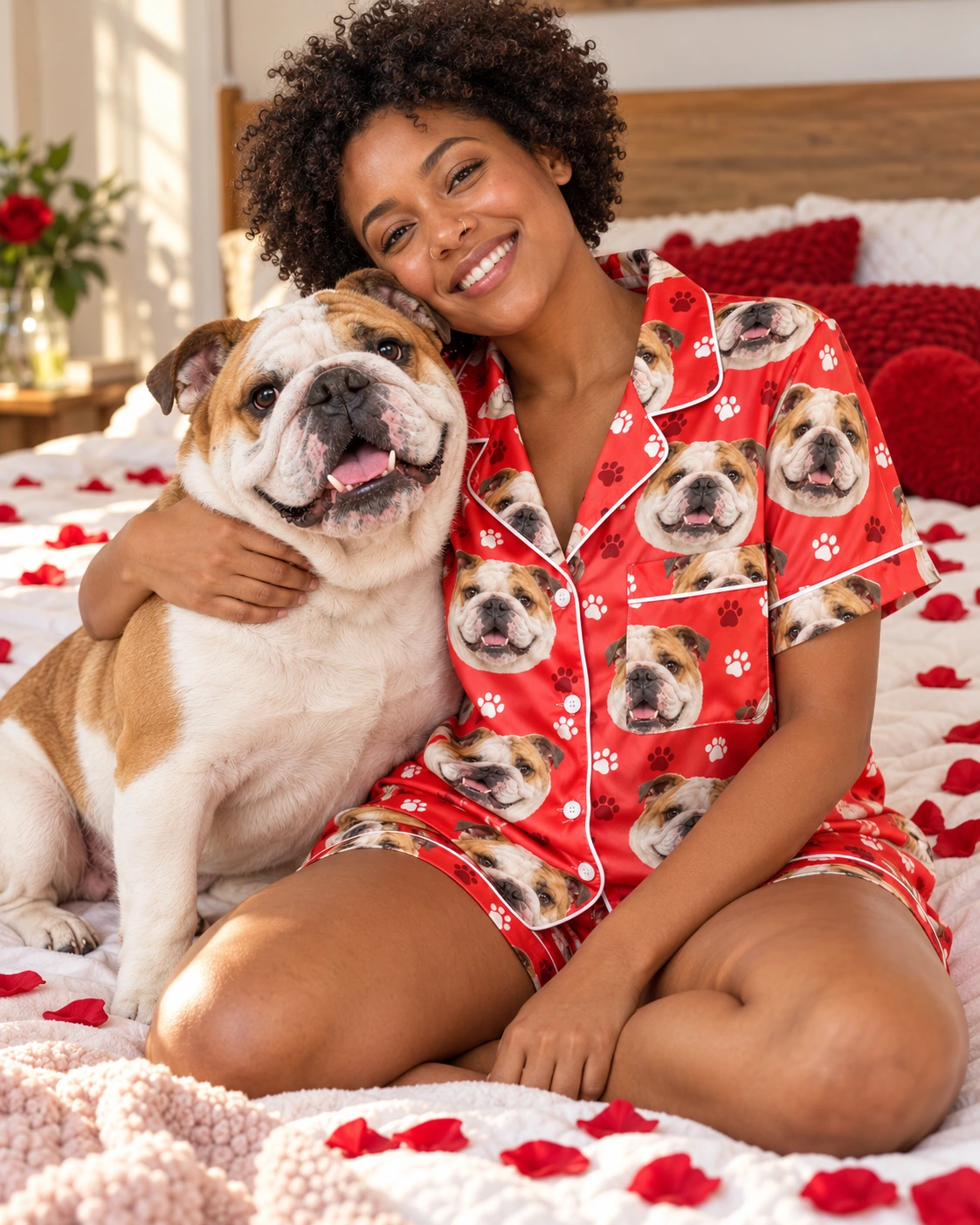 English Bulldog Valentines Day Pajama Set – With Dog, Red Paw-Print | MyDogPics Woman in an english bulldog Valentines day pajama set with her Bulldog — MyDogPics
