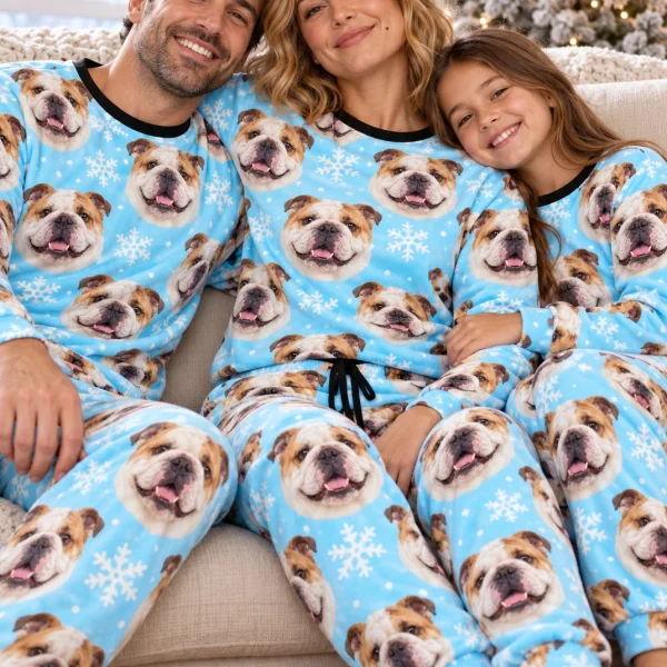Woman and her family in matching english bulldog winter pajamas with white-and-fawn English Bulldog faces — MyDogPics