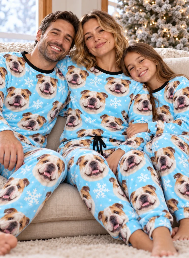 Woman and her family in matching english bulldog winter pajamas with white-and-fawn English Bulldog faces — MyDogPics