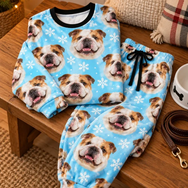 Flat lay of english bulldog winter pajamas: top and pants covered in white-and-fawn English Bulldog faces — MyDogPics