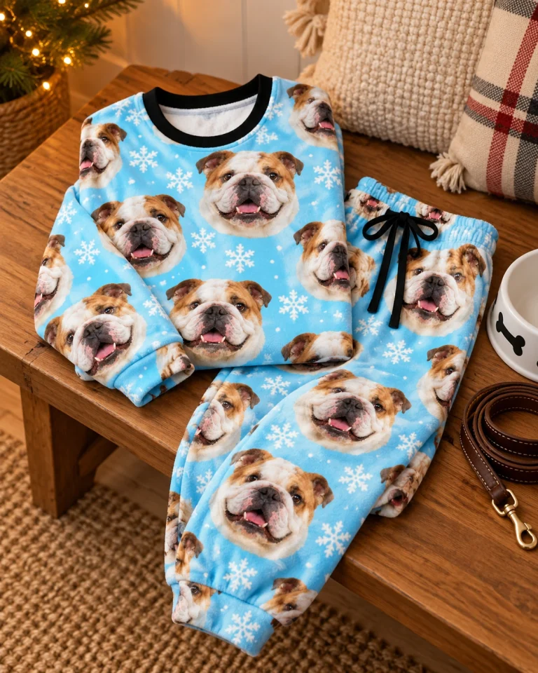 Flat lay of english bulldog winter pajamas: top and pants covered in white-and-fawn English Bulldog faces — MyDogPics