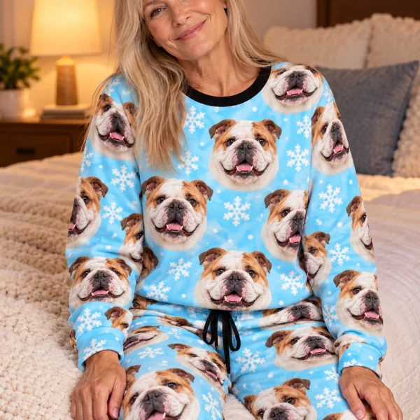 Woman sitting in english bulldog winter pajamas covered in white-and-fawn English Bulldog faces — MyDogPics