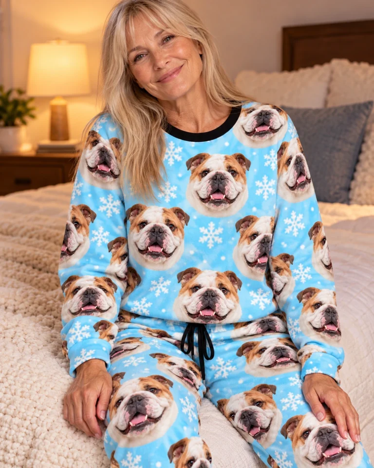 Woman sitting in english bulldog winter pajamas covered in white-and-fawn English Bulldog faces — MyDogPics