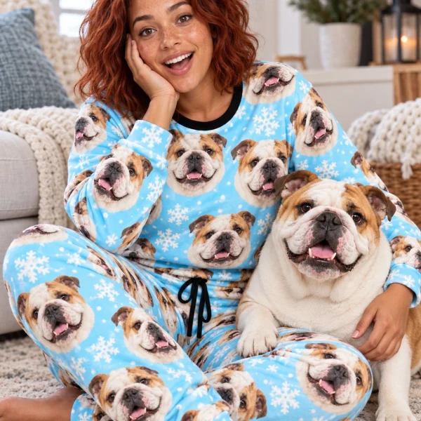 Woman in english bulldog winter pajamas with her Bulldog — MyDogPics