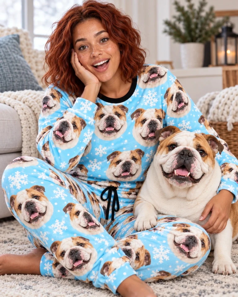 Woman in english bulldog winter pajamas with her Bulldog — MyDogPics