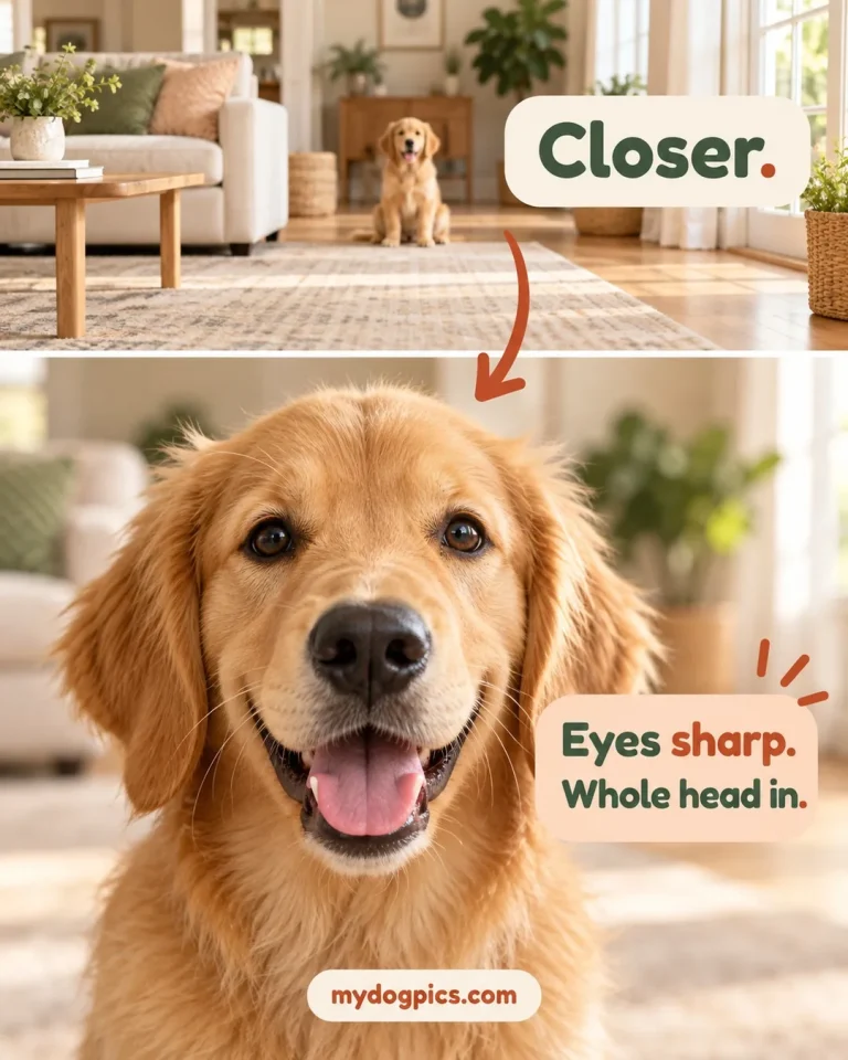 Far shot beside a close-up of a golden retriever: pick the print photo after family christmas pajamas pictures, MyDogPics