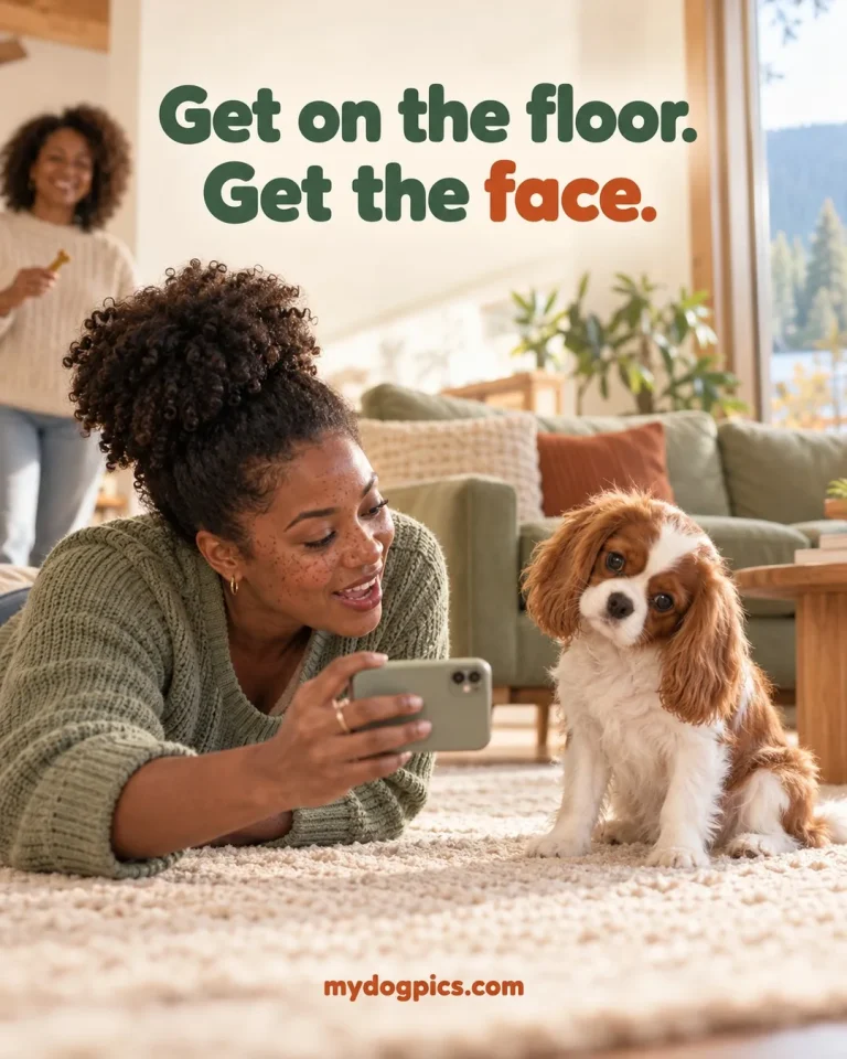 Woman crouching to photograph her dog at floor level, a tip for family christmas pajamas pictures, MyDogPics