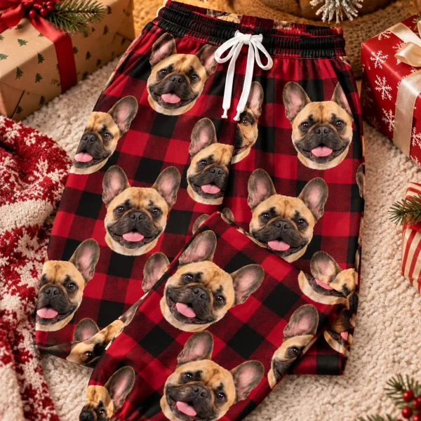 Flat lay of French bulldog Christmas pajama pants: pants covered in fawn French Bulldog faces — MyDogPics