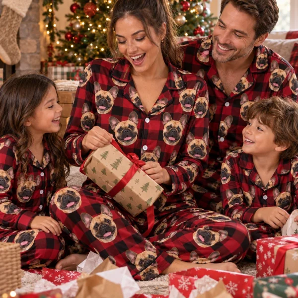 Woman and her family in matching French bulldog Christmas pajamas with fawn French Bulldog faces — MyDogPics