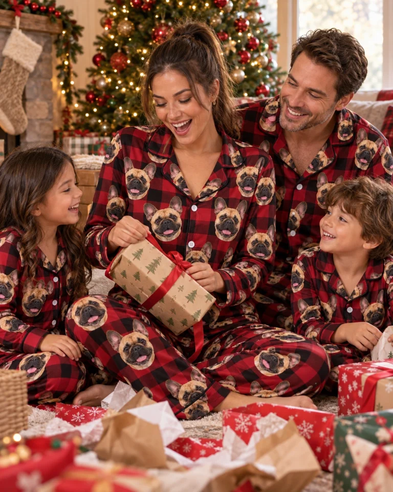 Woman and her family in matching French bulldog Christmas pajamas with fawn French Bulldog faces — MyDogPics