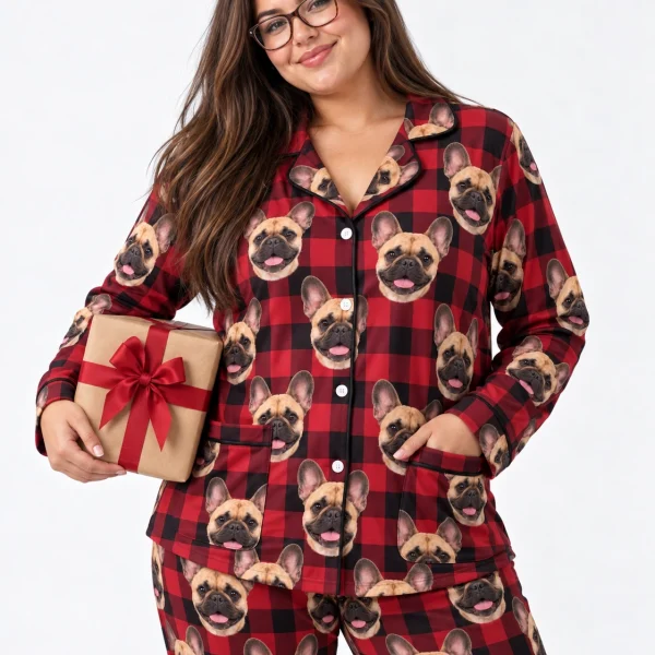 Woman wearing French bulldog Christmas pajamas covered in fawn French Bulldog faces on red plaid fabric — MyDogPics