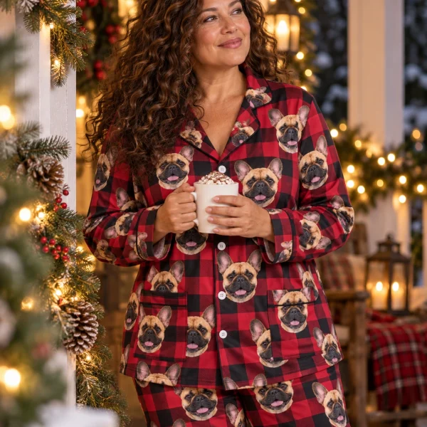 Woman posing in French bulldog Christmas pajamas, fawn French Bulldog faces on red plaid fabric — MyDogPics