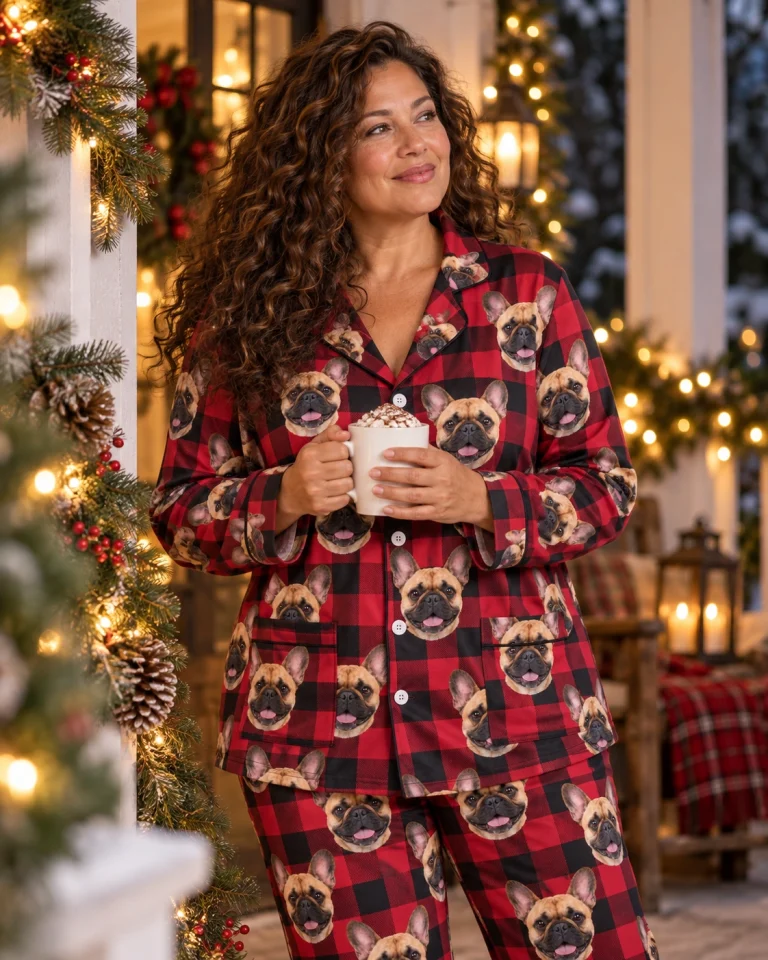 Woman posing in French bulldog Christmas pajamas, fawn French Bulldog faces on red plaid fabric — MyDogPics