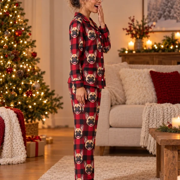 Side view of French bulldog Christmas pajamas with fawn French Bulldog faces on red plaid fabric — MyDogPics
