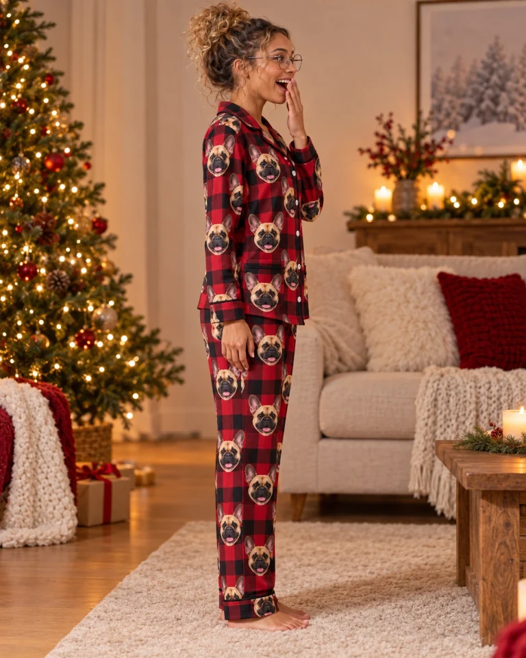 Side view of French bulldog Christmas pajamas with fawn French Bulldog faces on red plaid fabric — MyDogPics