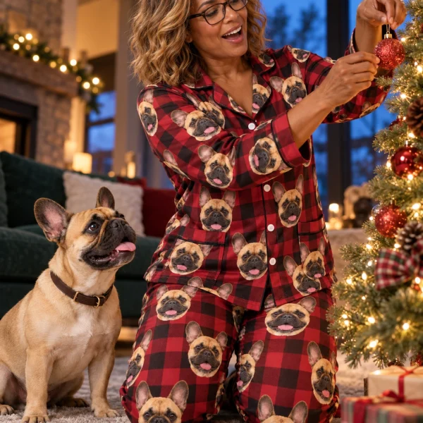 Woman in French bulldog Christmas pajamas with her French Bulldog — MyDogPics