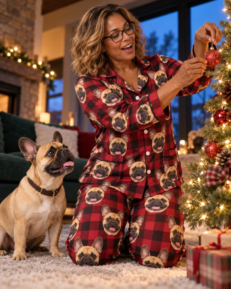 Woman in French bulldog Christmas pajamas with her French Bulldog — MyDogPics