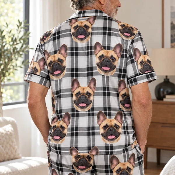 Back view of French bulldog dad pajamas: the print continues all the way round — MyDogPics